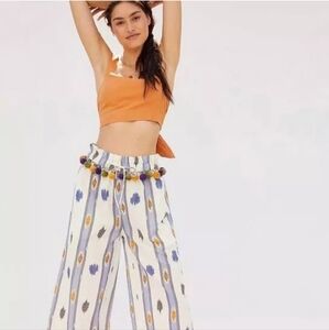 Ollari Blue Wide Leg PomPom Linen Clowncore Beachready Vacation Bohemian Sz XS